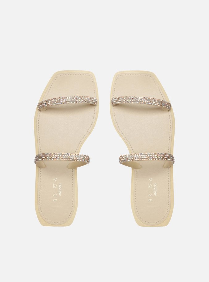 Sandália Rasteira Off-White Tiras Strass Brizza