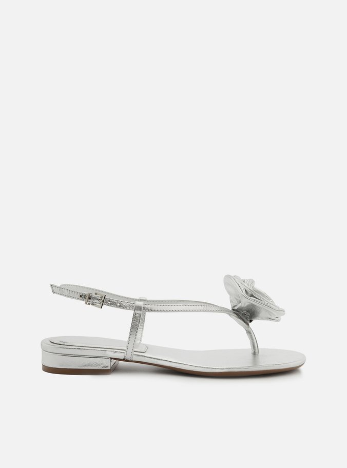 Sandália Prata Couro Salto Baixo Slim Flor