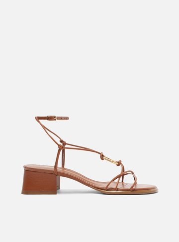 Sandália Marrom Salto Bloco Tiras Metal