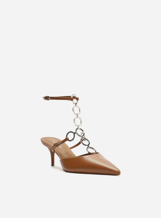 Scarpin Marrom Couro Salto Fino Metais TIG