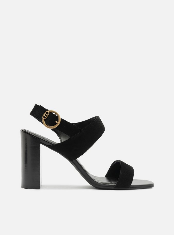 Sandália Preta Acamurçada Salto Bloco Fivela