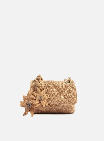 Bolsa Tiracolo Bege Ráfia Mizz Pequena Flor