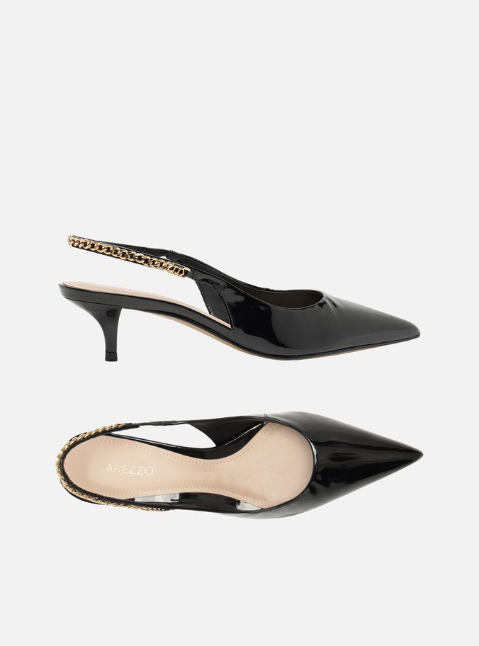 Scarpin Preto Salto Kitten Slingback Corrente