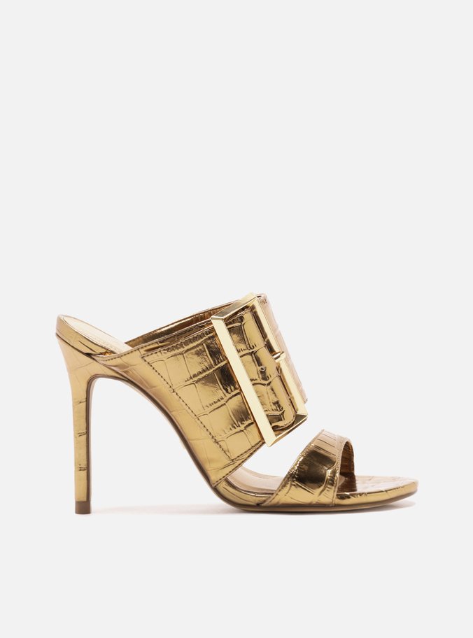 Sandália Dourada Croco Salto Alto Fino Fivela