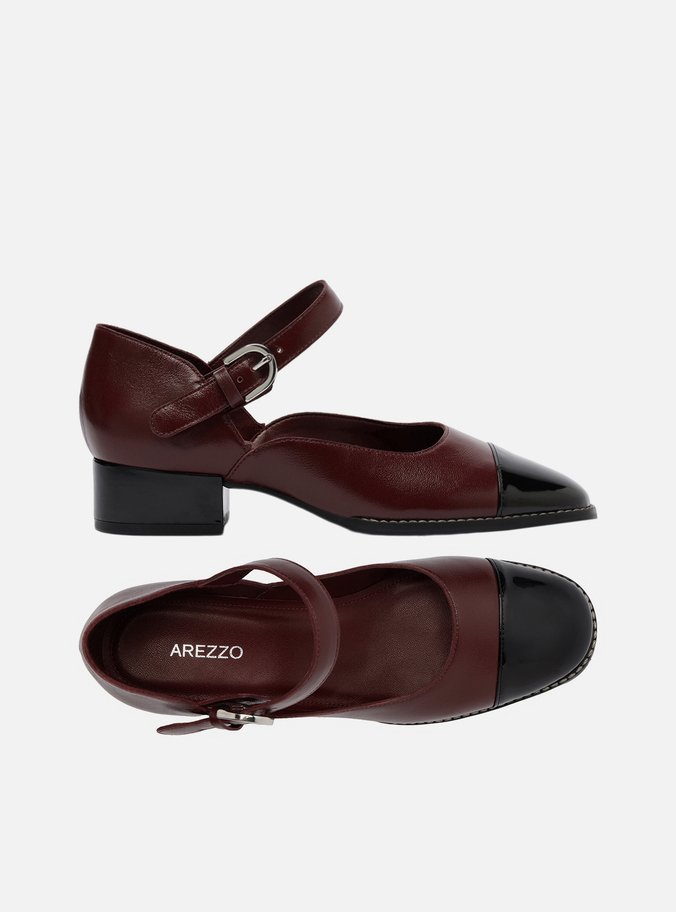Sapato Boneca Vermelho Couro Bloco Cap Toe