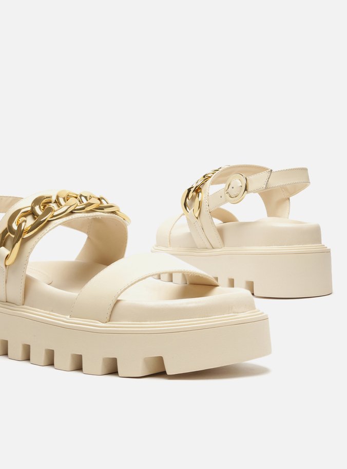 Sandália Off-White Couro Flatform Tratorada Corrente