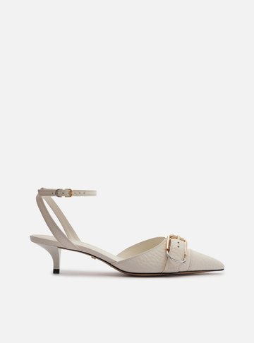 Scarpin Branco Couro Salto Kitten Aberto Fivela