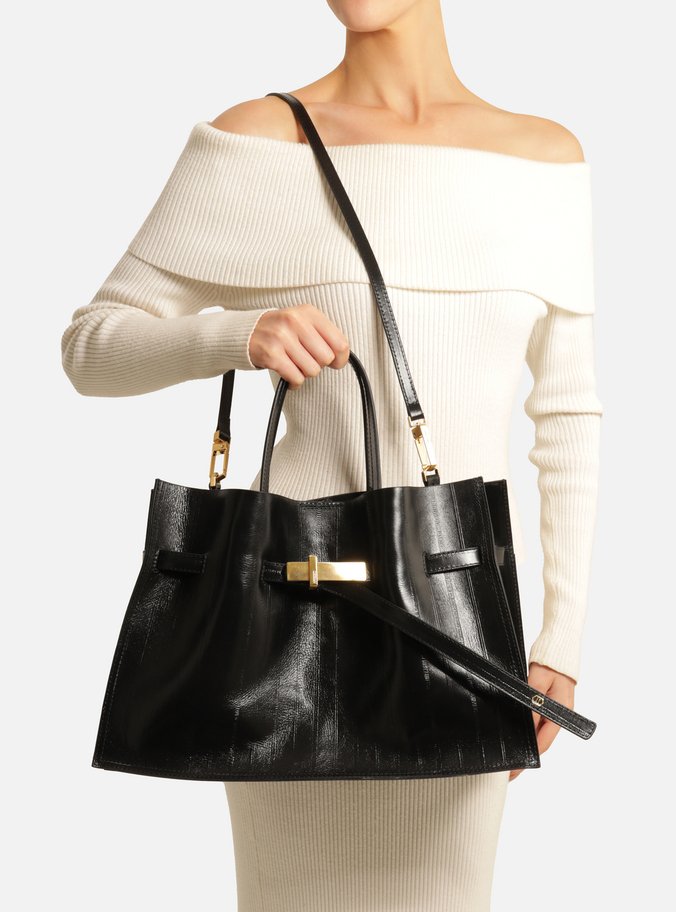 Bolsa Tote Preta Couro Grande Tira Metal