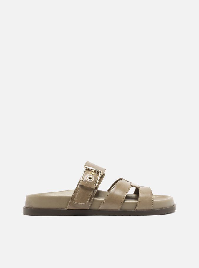 Sandália Papete Cinza Couro Fivela