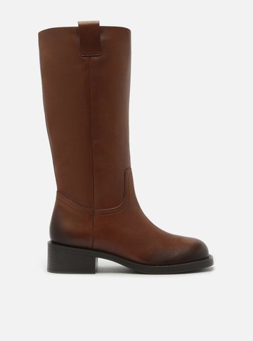 Bota Marrom Couro Cano Longo Salto Bloco Tiras