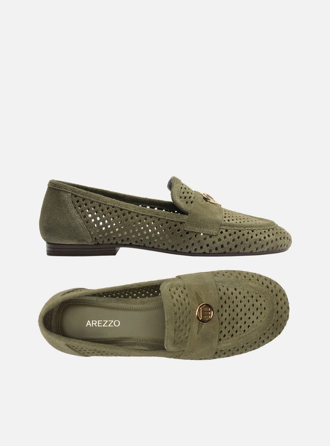Mocassim Verde Suede Bico Redondo Vazado Metal
