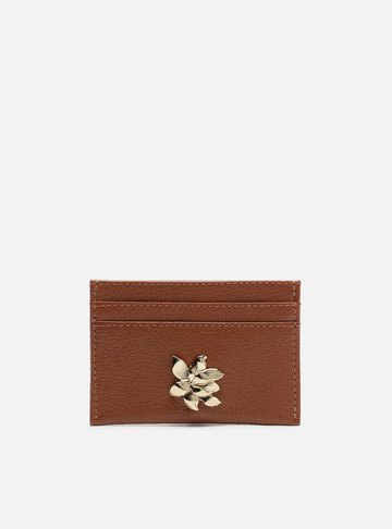 Porta-Cartão Marrom Couro Flor Metal