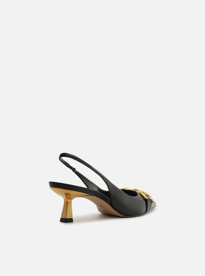 Scarpin Preto Couro Bico Fino Slingback Bridão