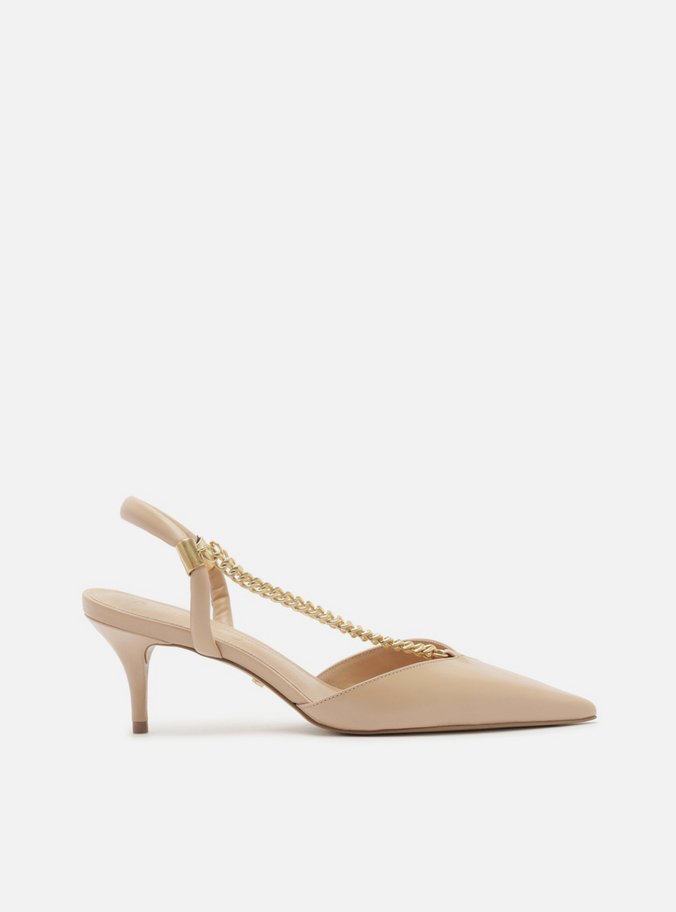 Scarpin Bege Couro Salto Baixo Corrente Esther