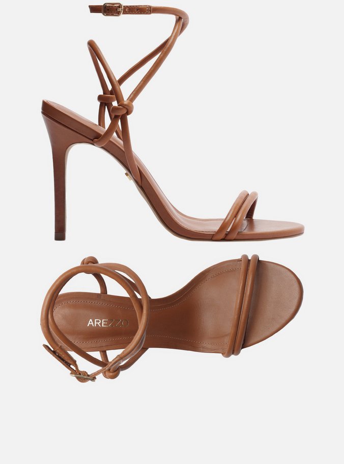 Sandália Marrom Caramel Salto Fino Tiras Knot