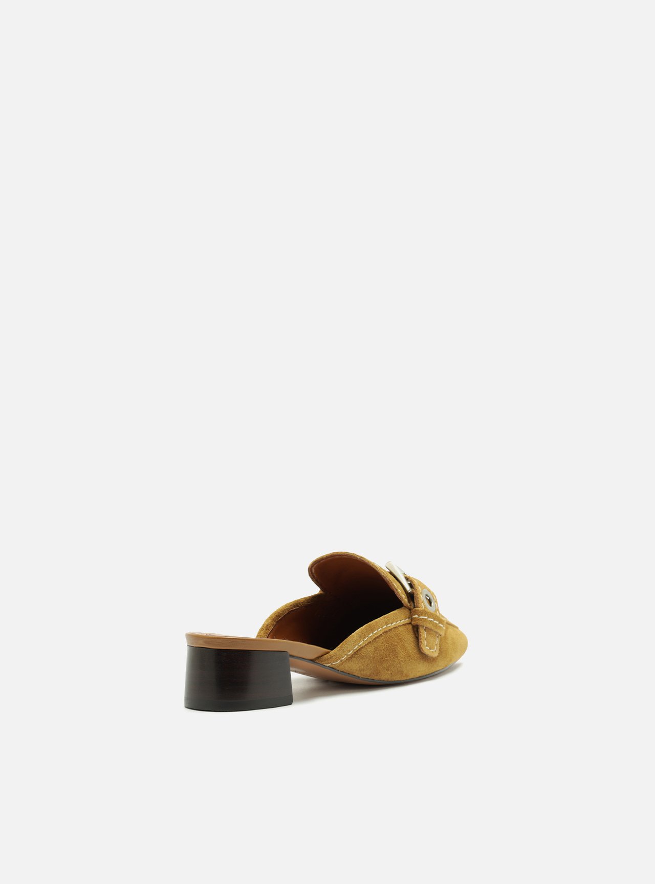 Mule Marrom Salto Bloco Fivela Suede Metais — foto 3