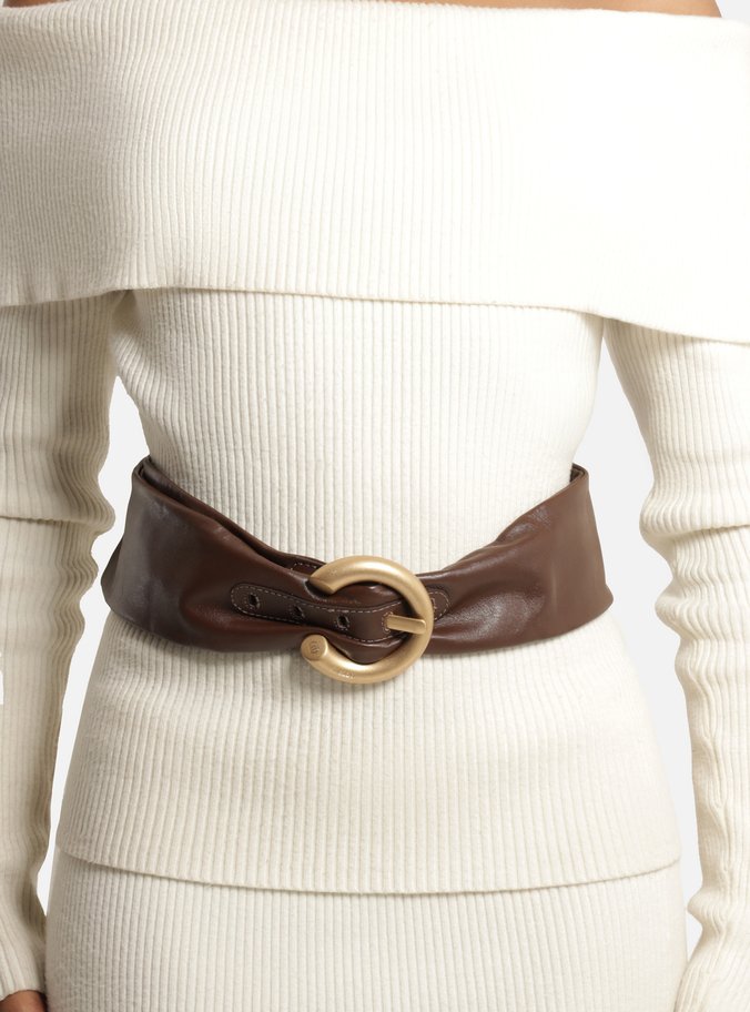 Cinto Marrom Couro Largo Fivela Argola Dourada