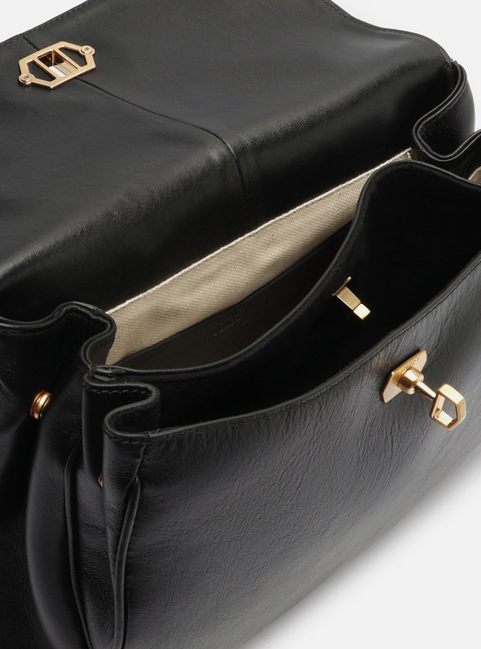 Bolsa Satchel Preta Couro Média Bag Charm Nó
