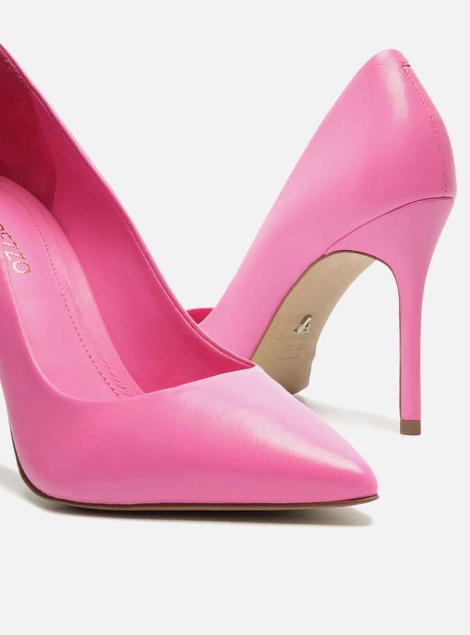 Scarpin Rosa Couro Salto Alto Bico Fino