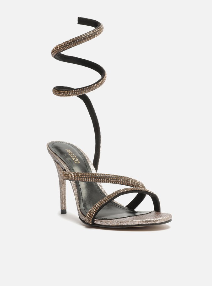 Sandália Dourada Salto Fino Espiral Glitter Strass Gigi