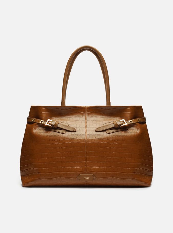 Bolsa Shopping Caramelo Couro Croco Grande Fivelas