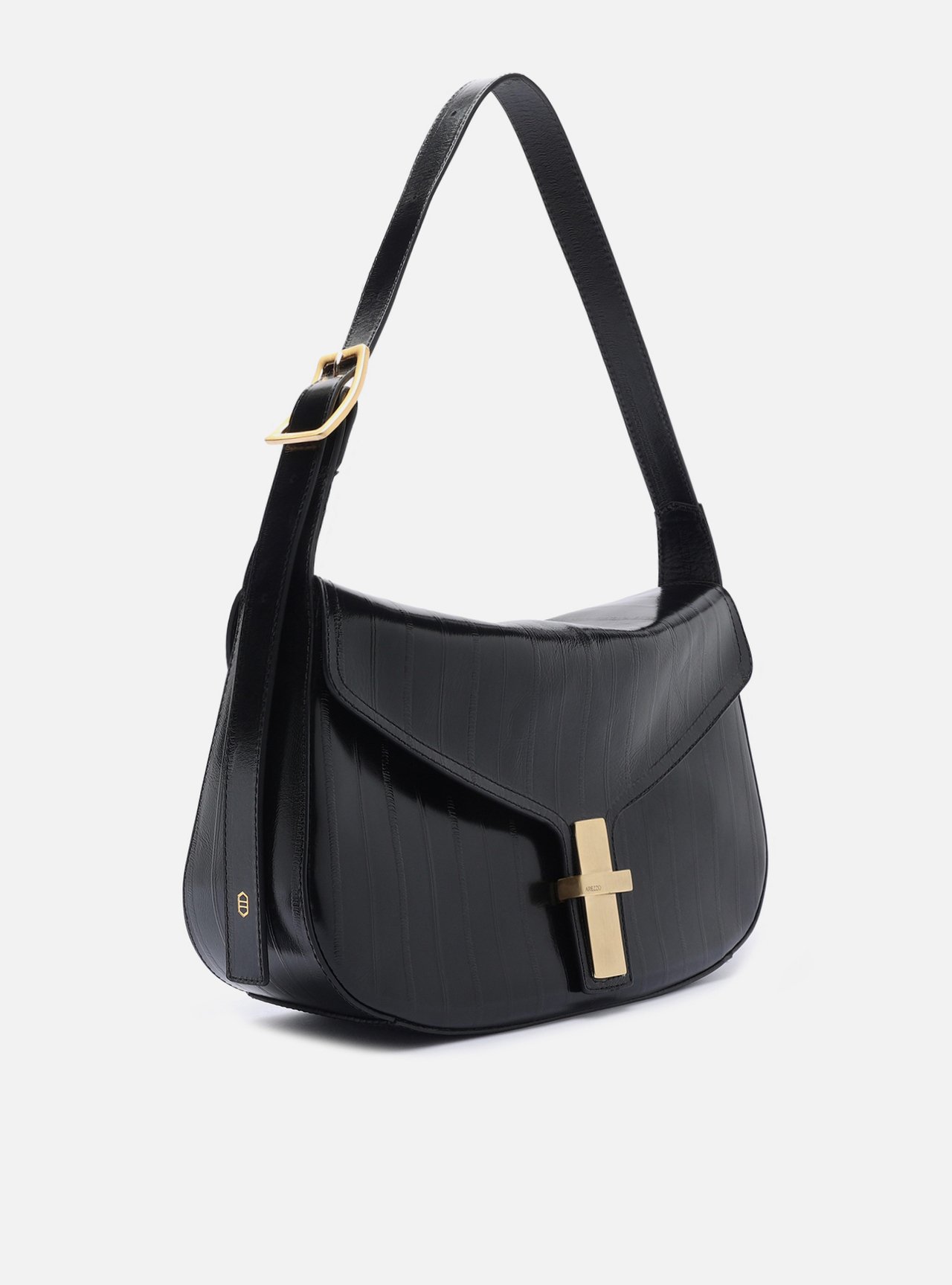Bolsa Tiracolo Preta Couro Grande Tampo Metal — foto 5