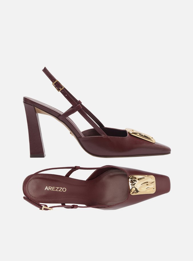 Scarpin Vinho Couro Salto Alto Slingback Metal