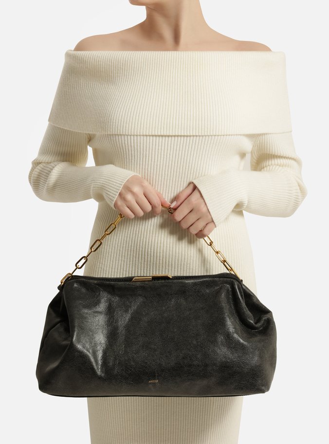 Bolsa Clutch Preta Couro Grande Corrente