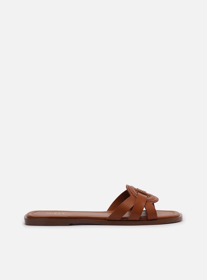 Rasteira Marrom Couro Flat Tiras Pesponto