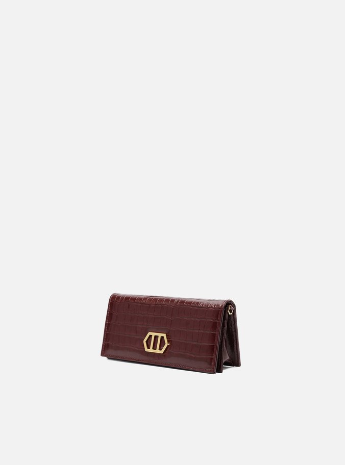 Clutch Vinho Couro Croco Pequena Metal