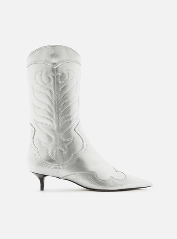 Bota Prata Couro Cano Médio Salto Fino Western