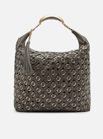 Bolsa Hobo Cinza Couro Tressê Metais Grande