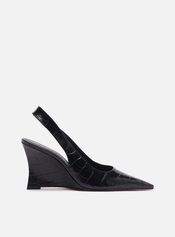 Arezzo — Scarpin Preto Croco Couro Anabela Slingback