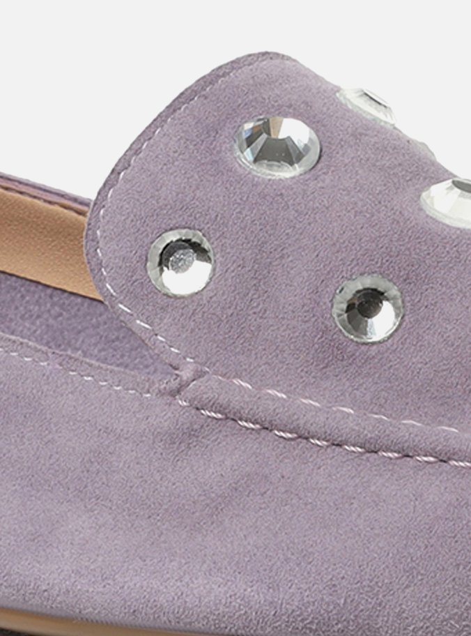 Mocassim Roxo Couro Salto Rasteiro Strass