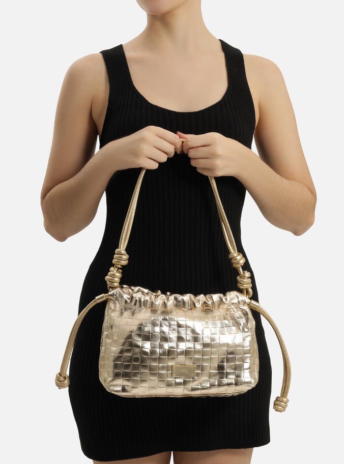 Bolsa Bucket Dourada Couro Tressê Média