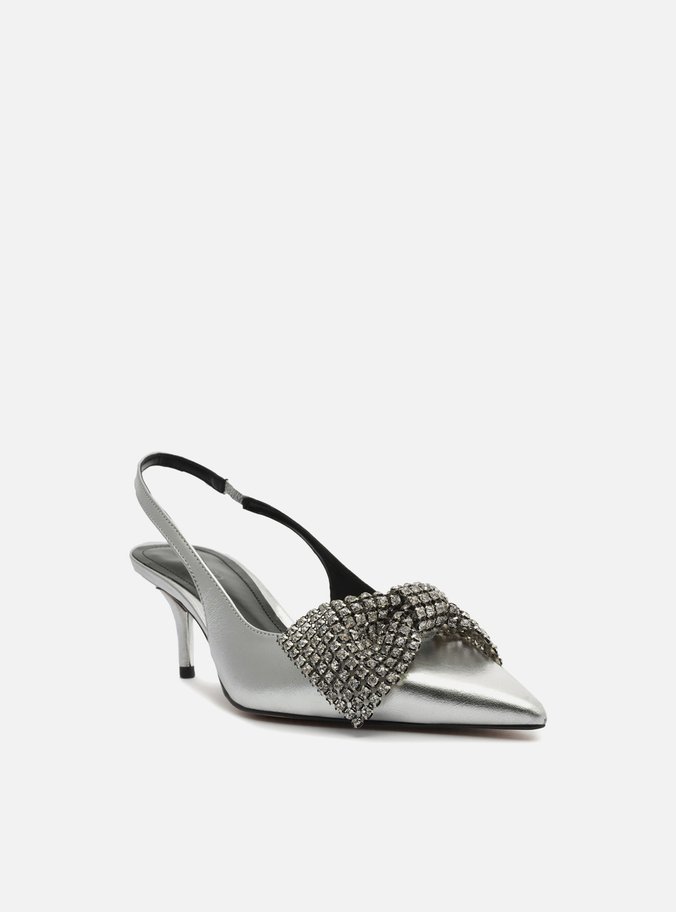 Scarpin Prata Couro Salto Médio Slingback Laço