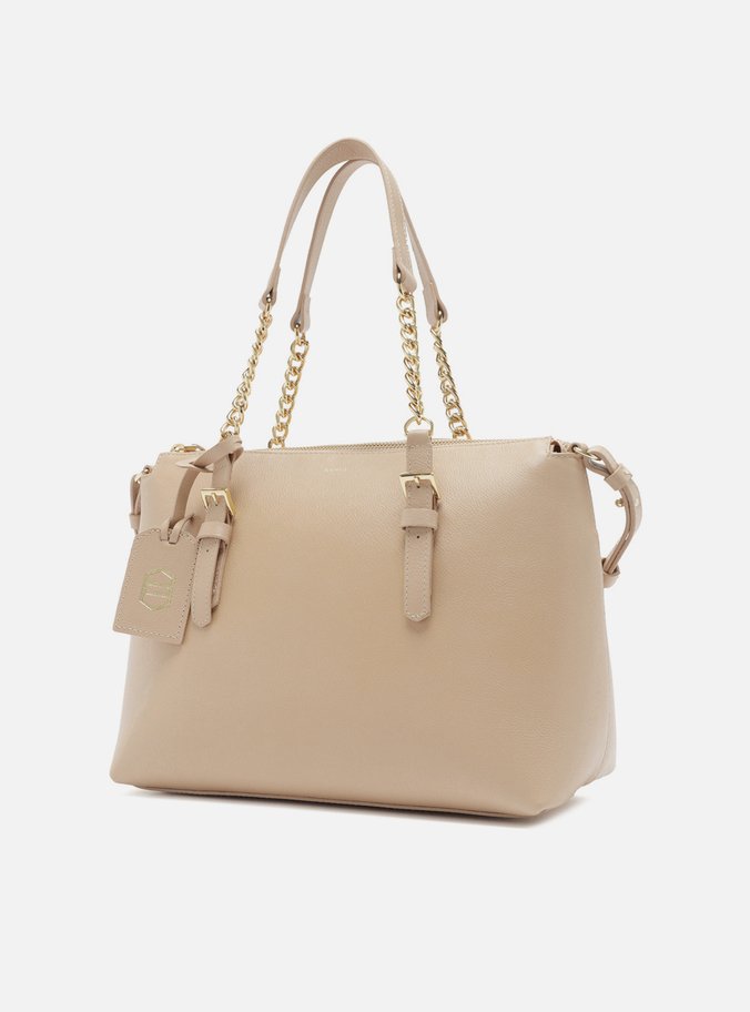 Bolsa Tote Bege Couro Grande Alça Corrente