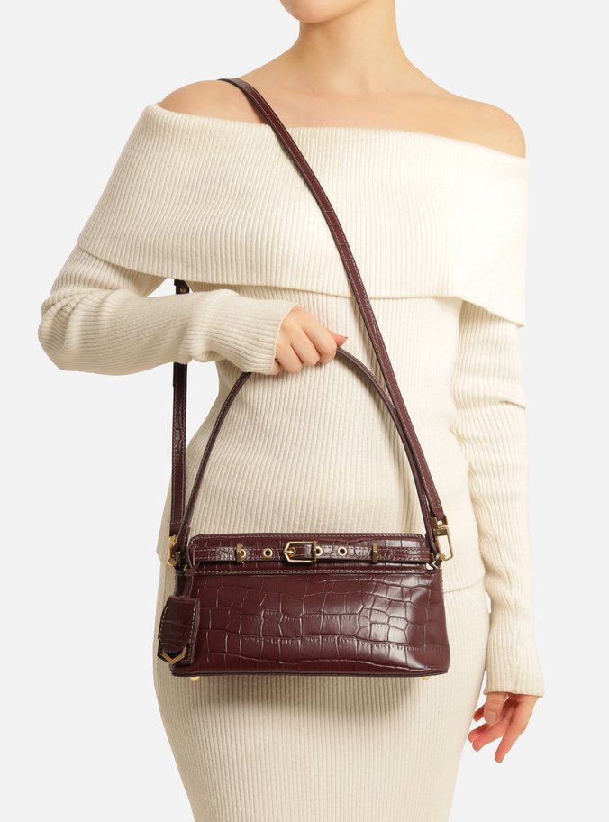 Bolsa Tiracolo Vinho Couro Croco Pequena Bag Charm