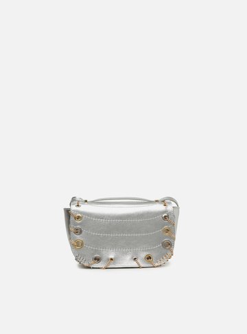 Bolsa Tiracolo Prata Couro Pequena Costuras Metais