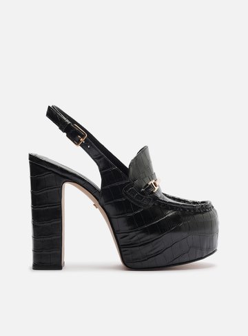 Loafer Preto Croco Salto Bloco Meia Pata