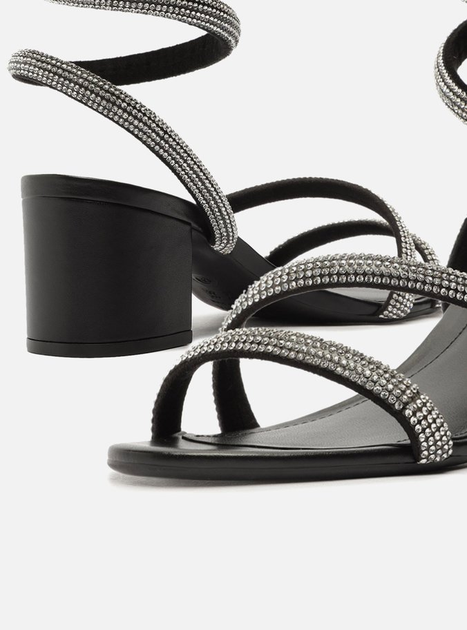 Sandália Preta Salto Bloco Espiral Strass Glam