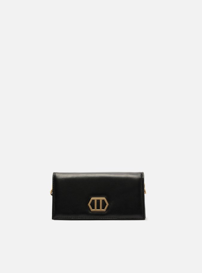 Clutch Preta Couro Pequena Metal