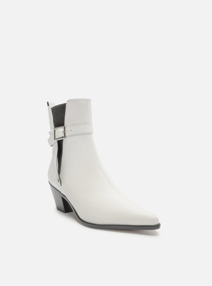 Bota Branca Couro Cano Curto Bico Fino Elástico