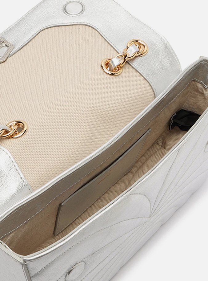 Bolsa Tiracolo Prata Couro Média Metal Flor