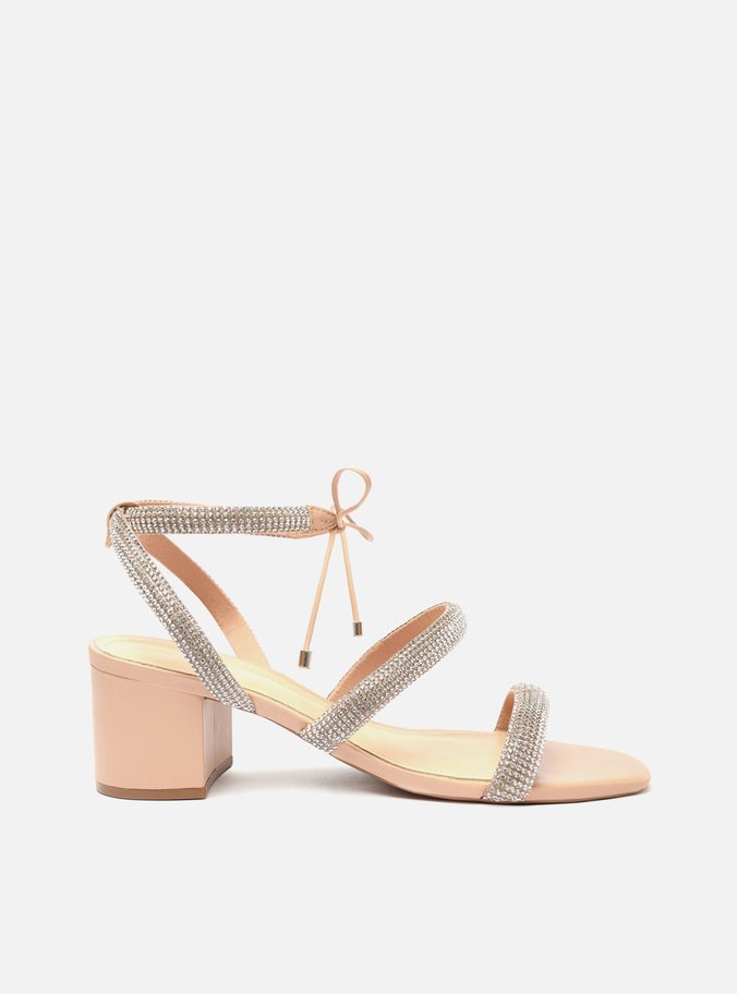 Sandália Nude Bloco Bico Quadrado Strass