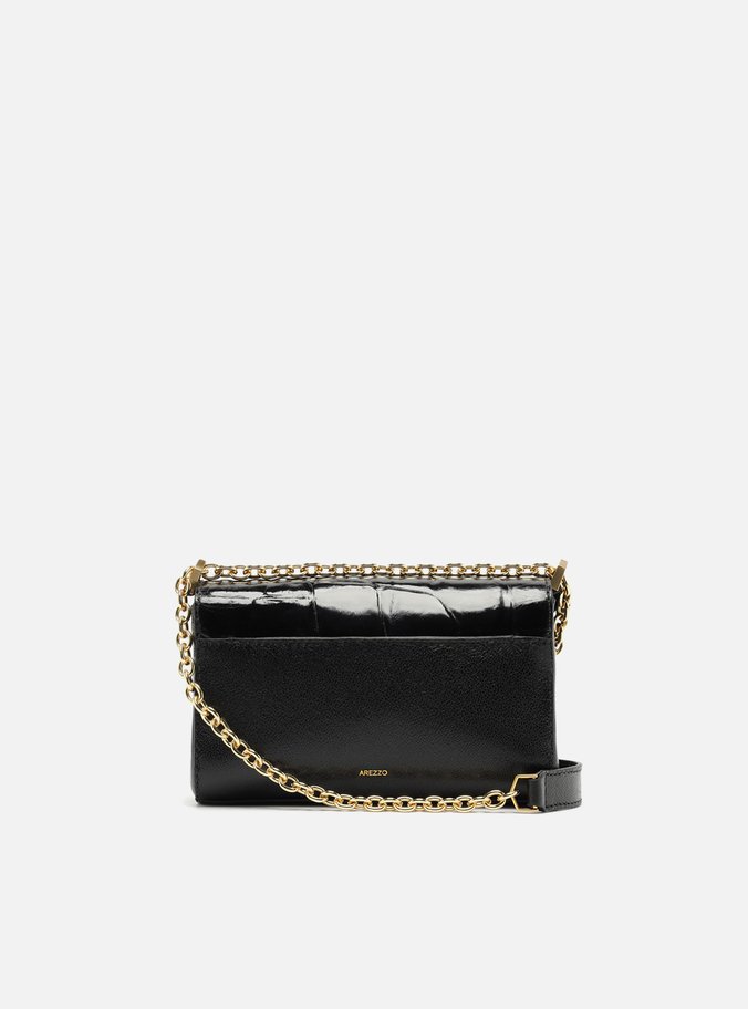 Bolsa Tiracolo Preta Couro Maxi Croco Pequena