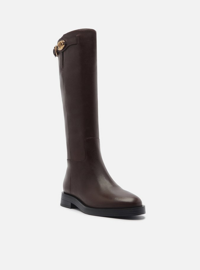 Bota Marrom Couro Cano Longo Montaria Metal