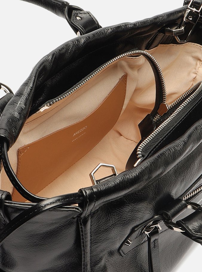 Bolsa Tote Preta Couro Média Bolso Frontal