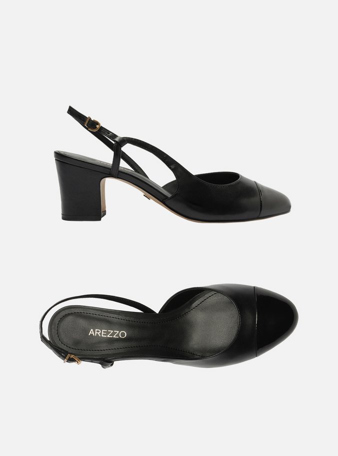 Scarpin Preto Couro Bico Redondo Cap Toe