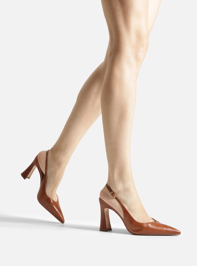 Scarpin Marrom Couro Salto Alto Flare Slingback